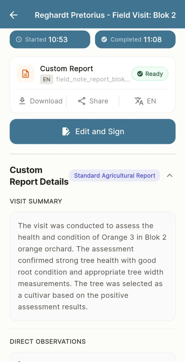 A finished visit report, ready to review and sign
