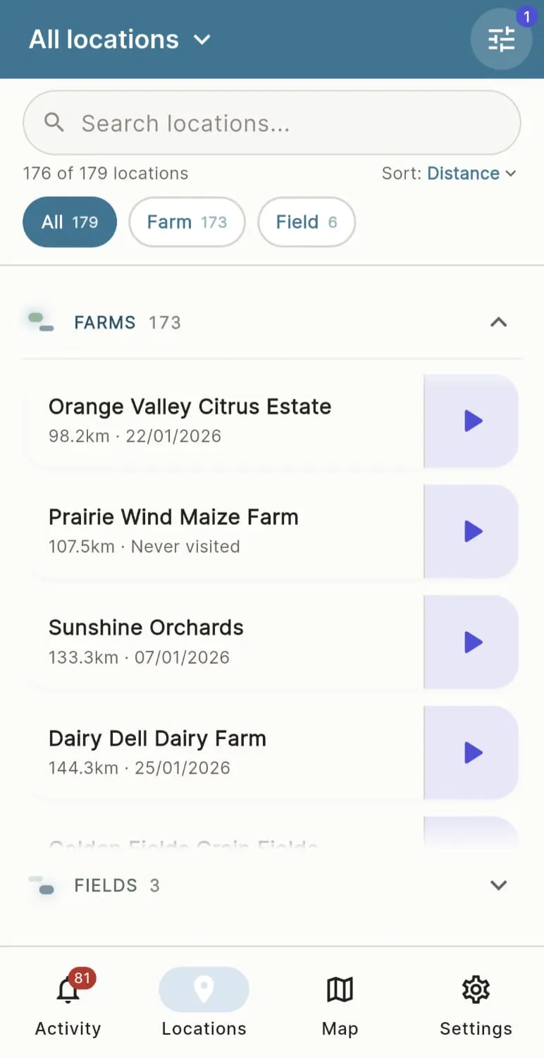 Searching 179 saved farm and field locations